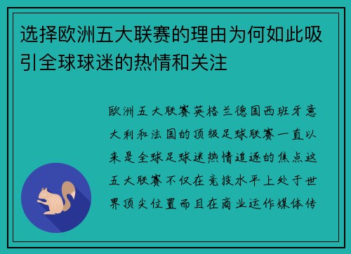 选择欧洲五大联赛的理由为何如此吸引全球球迷的热情和关注
