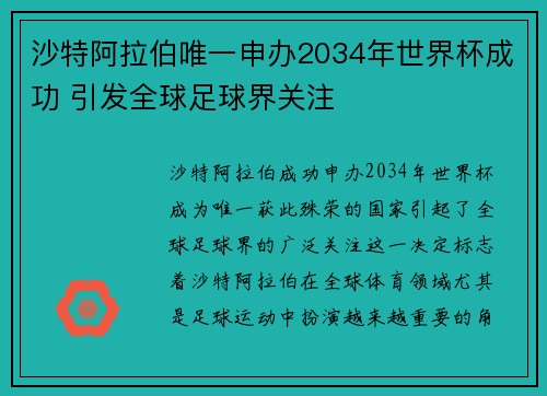沙特阿拉伯唯一申办2034年世界杯成功 引发全球足球界关注