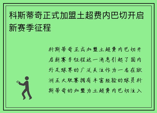 科斯蒂奇正式加盟土超费内巴切开启新赛季征程